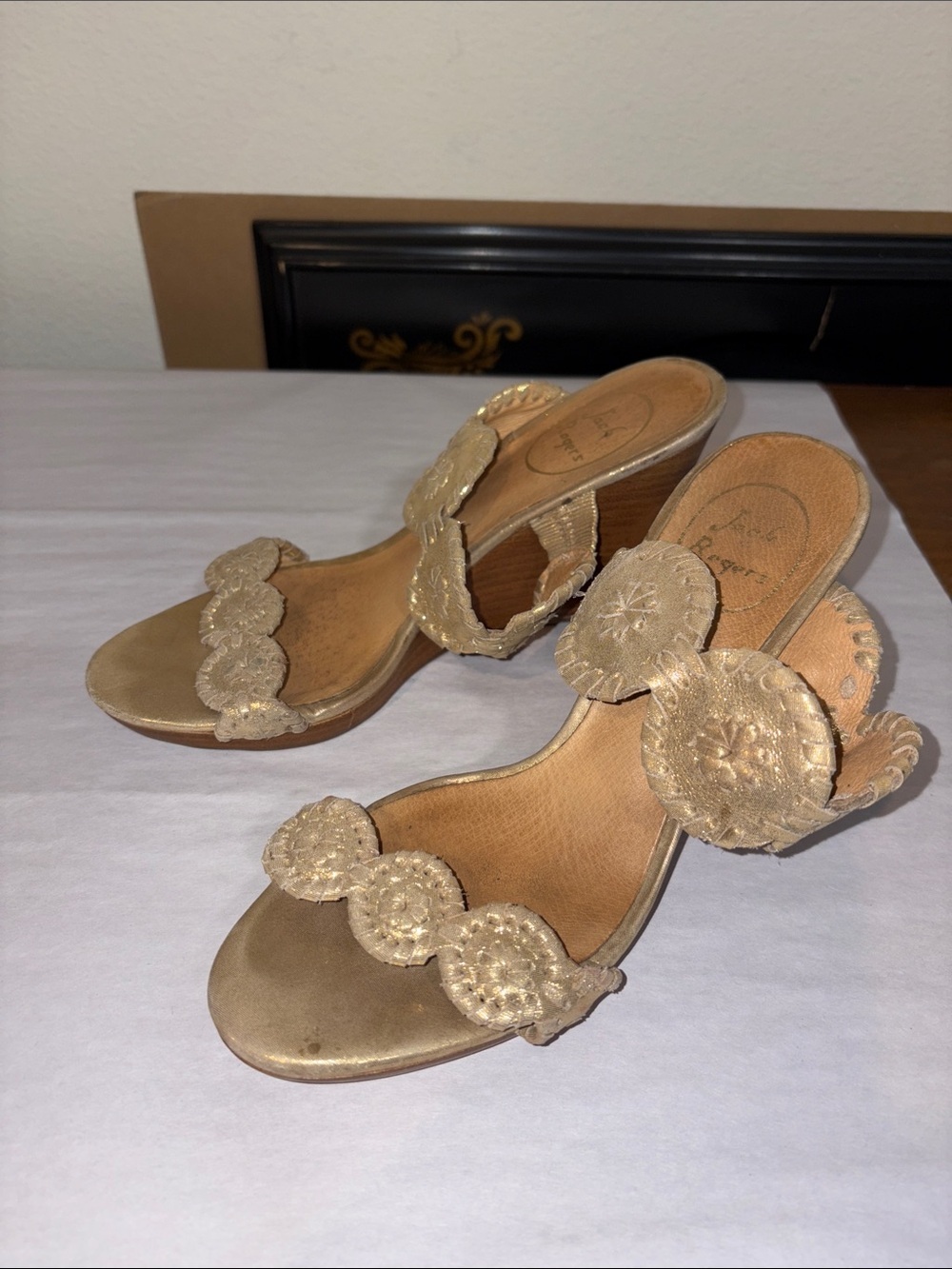 Jack Rogers Beige and gold Scalloped Wedge Sandals